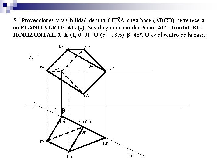 5. Proyecciones y visibilidad de una CUÑA cuya base (ABCD) pertenece a un PLANO