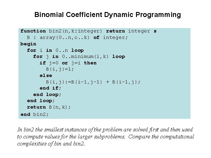 Binomial Coefficient Dynamic Programming function bin 2(n, k: integer) return integer s B :