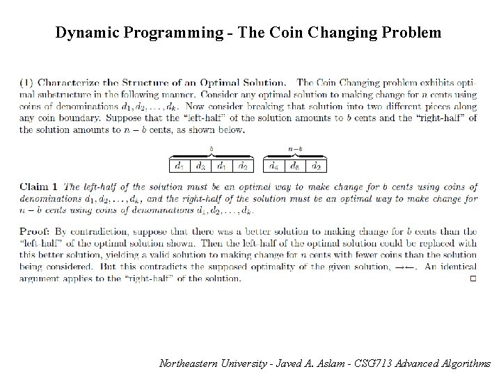 Dynamic Programming - The Coin Changing Problem Northeastern University - Javed A. Aslam -