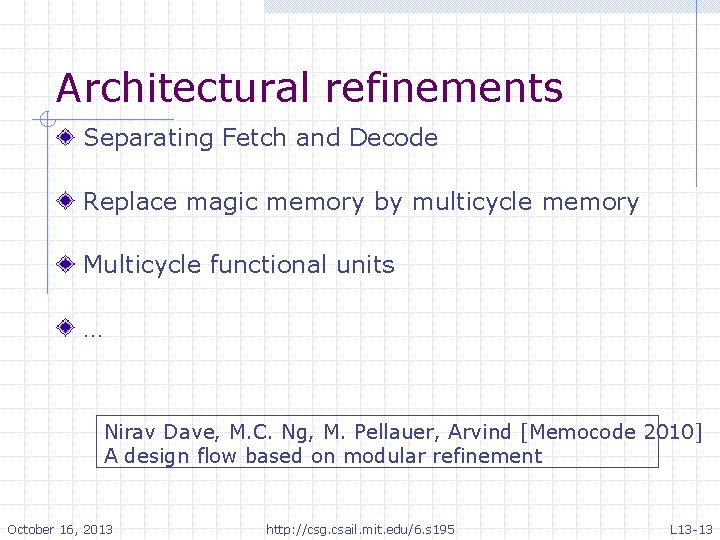 Architectural refinements Separating Fetch and Decode Replace magic memory by multicycle memory Multicycle functional Architectural refinements Separating Fetch and Decode Replace magic memory by multicycle memory Multicycle functional