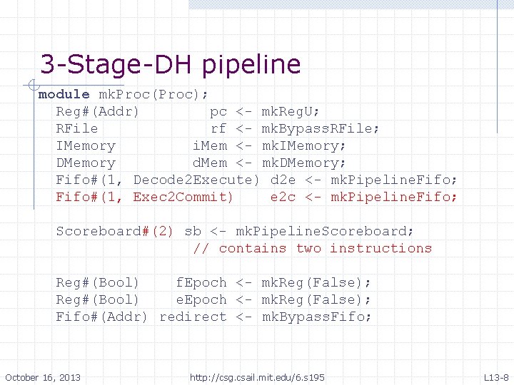 3 -Stage-DH pipeline module mk. Proc(Proc); Reg#(Addr) pc <- mk. Reg. U; RFile rf 3 -Stage-DH pipeline module mk. Proc(Proc); Reg#(Addr) pc <- mk. Reg. U; RFile rf