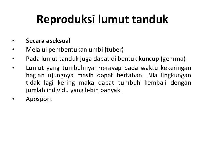 Reproduksi lumut tanduk • • • Secara aseksual Melalui pembentukan umbi (tuber) Pada lumut