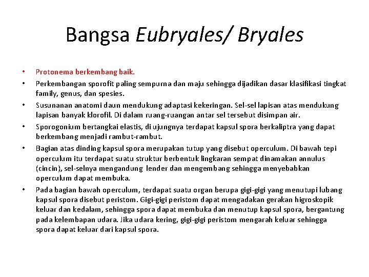 Bangsa Eubryales/ Bryales • • • Protonema berkembang baik. Perkembangan sporofit paling sempurna dan