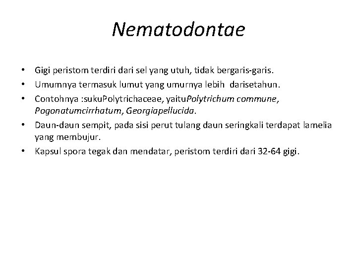 Nematodontae • Gigi peristom terdiri dari sel yang utuh, tidak bergaris-garis. • Umumnya termasuk