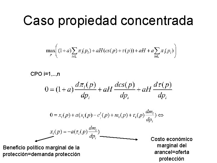Caso propiedad concentrada CPO i=1, . . , n Beneficio político marginal de la