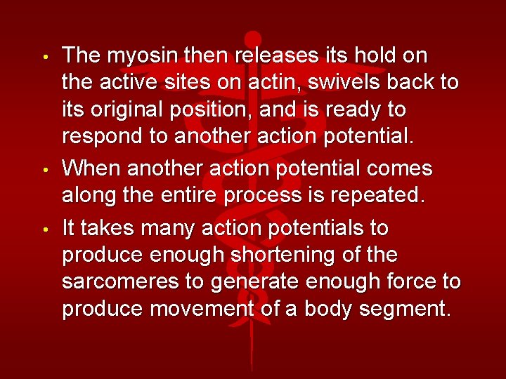  • • • The myosin then releases its hold on the active sites
