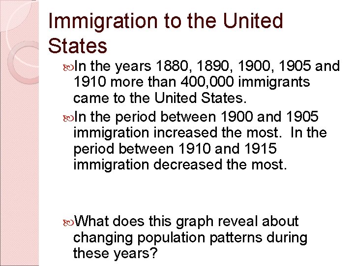 Immigration to the United States In the years 1880, 1890, 1905 and 1910 more