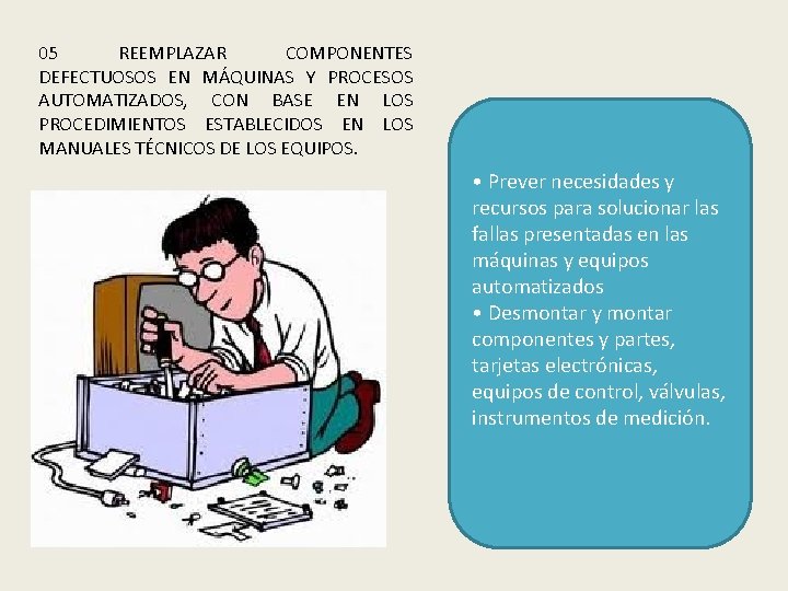 05 REEMPLAZAR COMPONENTES DEFECTUOSOS EN MÁQUINAS Y PROCESOS AUTOMATIZADOS, CON BASE EN LOS PROCEDIMIENTOS 05 REEMPLAZAR COMPONENTES DEFECTUOSOS EN MÁQUINAS Y PROCESOS AUTOMATIZADOS, CON BASE EN LOS PROCEDIMIENTOS