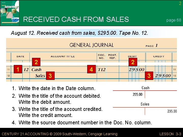 2 RECEIVED CASH FROM SALES page 68 August 12. Received cash from sales, $295.