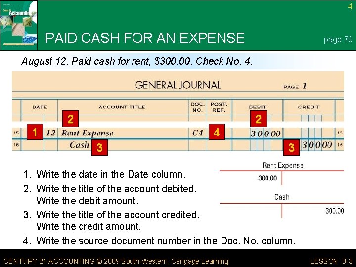 4 PAID CASH FOR AN EXPENSE page 70 August 12. Paid cash for rent,