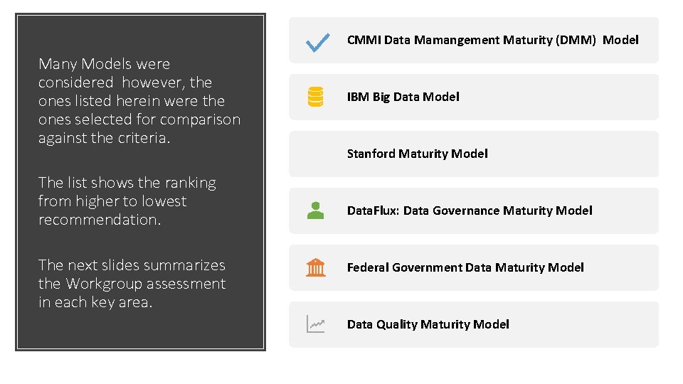 CMMI Data Mamangement Maturity (DMM) Model Many Models were considered however, the ones listed CMMI Data Mamangement Maturity (DMM) Model Many Models were considered however, the ones listed