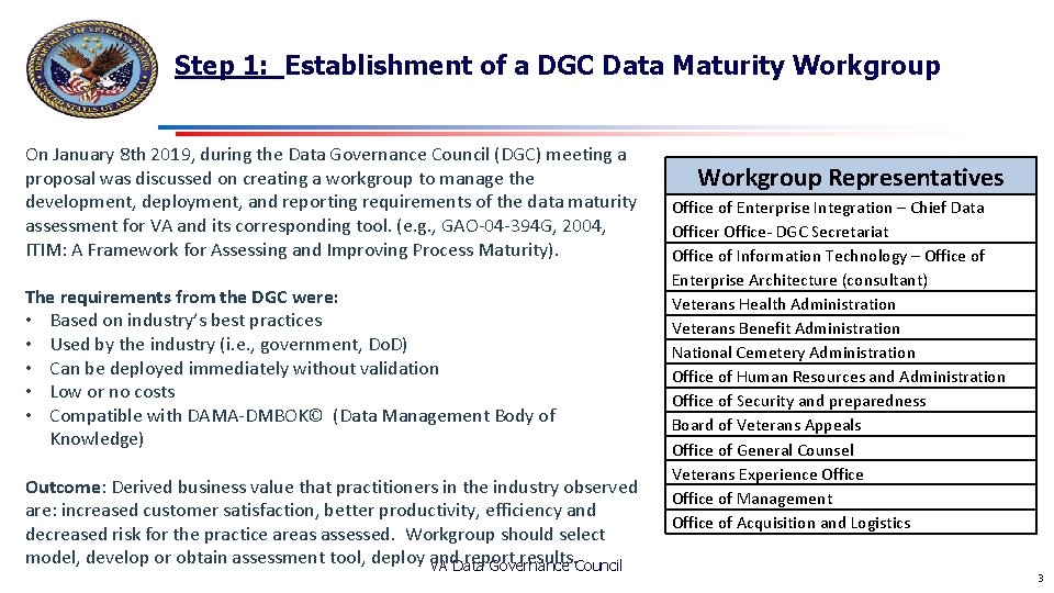 Step 1: Establishment of a DGC Data Maturity Workgroup On January 8 th 2019, Step 1: Establishment of a DGC Data Maturity Workgroup On January 8 th 2019,