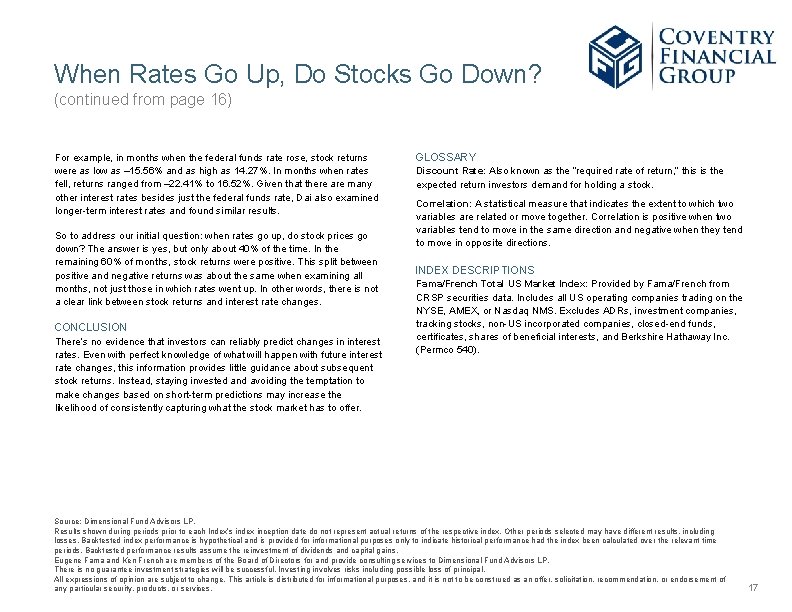 When Rates Go Up, Do Stocks Go Down? (continued from page 16) For example,