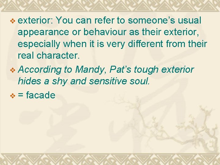 v exterior: You can refer to someone’s usual appearance or behaviour as their exterior,
