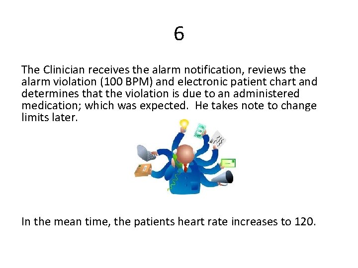 6 The Clinician receives the alarm notification, reviews the alarm violation (100 BPM) and