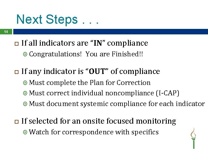 Next Steps. . . 14 If all indicators are “IN” compliance Congratulations! You are