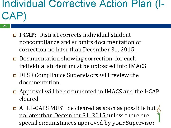 Individual Corrective Action Plan (ICAP) 25 I-CAP: District corrects individual student noncompliance and submits