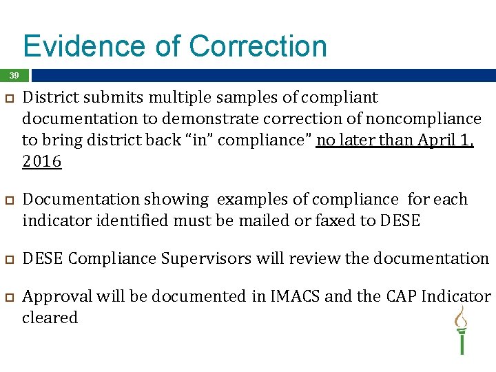 Evidence of Correction 39 District submits multiple samples of compliant documentation to demonstrate correction