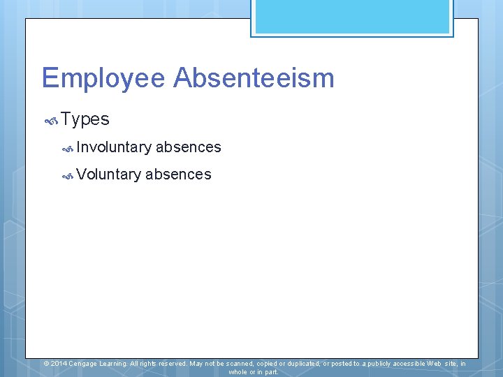 Employee Absenteeism Types Involuntary Voluntary absences © 2014 Cengage Learning. All rights reserved. May