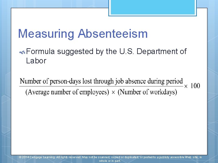 Measuring Absenteeism Formula suggested by the U. S. Department of Labor © 2014 Cengage