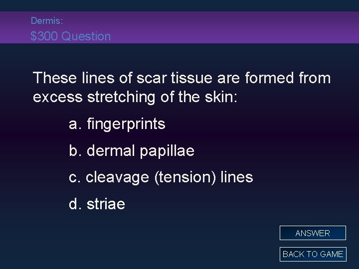 Dermis: $300 Question These lines of scar tissue are formed from excess stretching of