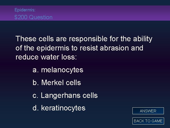Epidermis: $200 Question These cells are responsible for the ability of the epidermis to