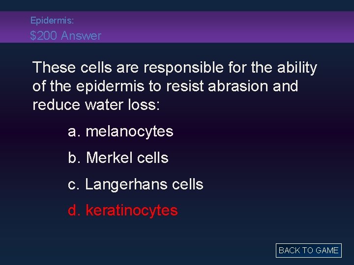 Epidermis: $200 Answer These cells are responsible for the ability of the epidermis to