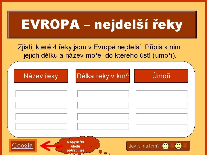 EVROPA – nejdelší řeky Zjisti, které 4 řeky jsou v Evropě nejdelší. Připiš k