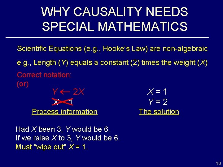 WHY CAUSALITY NEEDS SPECIAL MATHEMATICS Scientific Equations (e. g. , Hooke’s Law) are non-algebraic