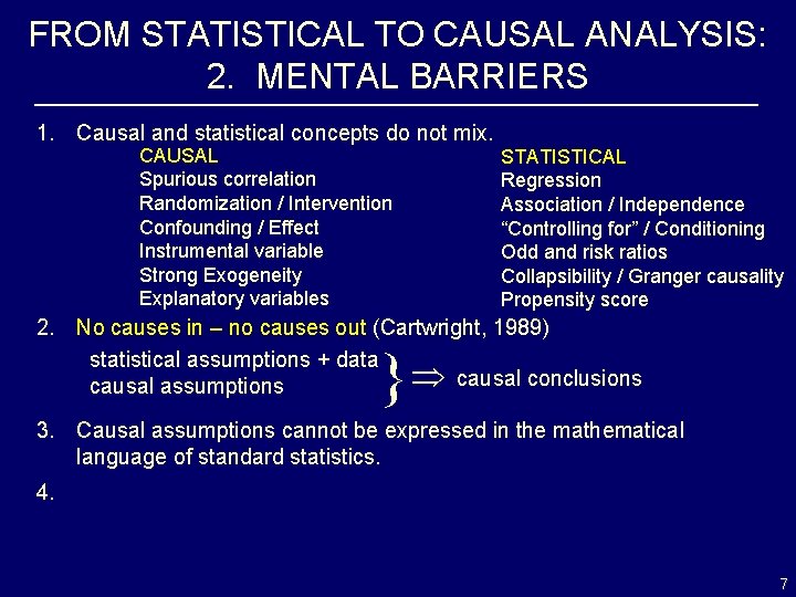 FROM STATISTICAL TO CAUSAL ANALYSIS: 2. MENTAL BARRIERS 1. Causal and statistical concepts do