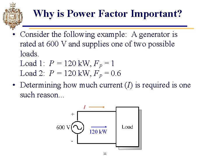 Why is Power Factor Important? • Consider the following example: A generator is rated