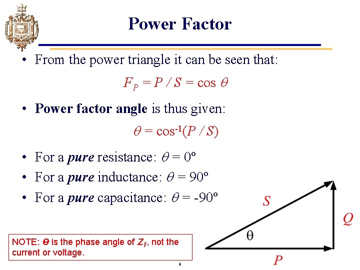 Power Factor • From the power triangle it can be seen that: FP =