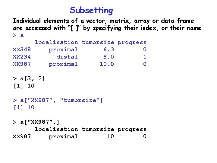 Subsetting Individual elements of a vector, matrix, array or data frame are accessed with Subsetting Individual elements of a vector, matrix, array or data frame are accessed with