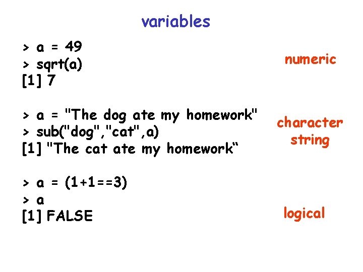 variables > a = 49 > sqrt(a) [1] 7 > a = "The dog