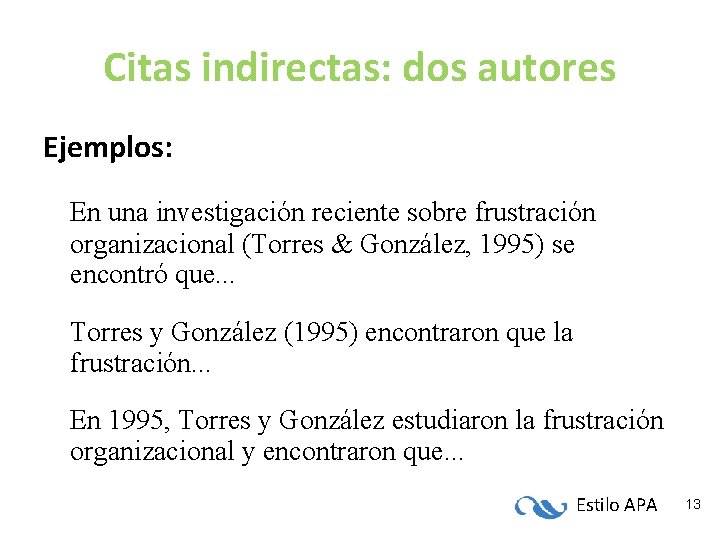 Citas indirectas: dos autores Ejemplos: En una investigación reciente sobre frustración organizacional (Torres & Citas indirectas: dos autores Ejemplos: En una investigación reciente sobre frustración organizacional (Torres &