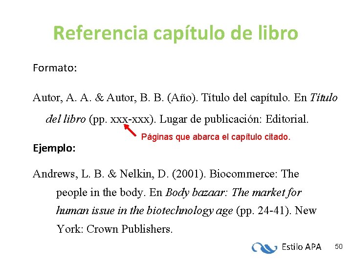Referencia capítulo de libro Formato: Autor, A. A. & Autor, B. B. (Año). Título Referencia capítulo de libro Formato: Autor, A. A. & Autor, B. B. (Año). Título