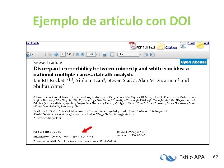 Ejemplo de artículo con DOI Estilo APA 62 Ejemplo de artículo con DOI Estilo APA 62