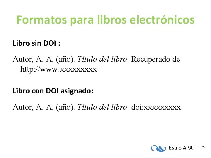 Formatos para libros electrónicos Libro sin DOI : Autor, A. A. (año). Título del Formatos para libros electrónicos Libro sin DOI : Autor, A. A. (año). Título del