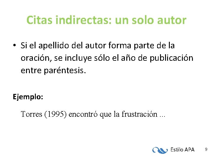 Citas indirectas: un solo autor • Si el apellido del autor forma parte de Citas indirectas: un solo autor • Si el apellido del autor forma parte de