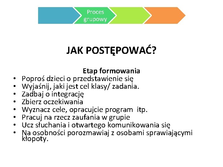 Proces grupowy JAK POSTĘPOWAĆ? • • Etap formowania Poproś dzieci o przedstawienie się Wyjaśnij,