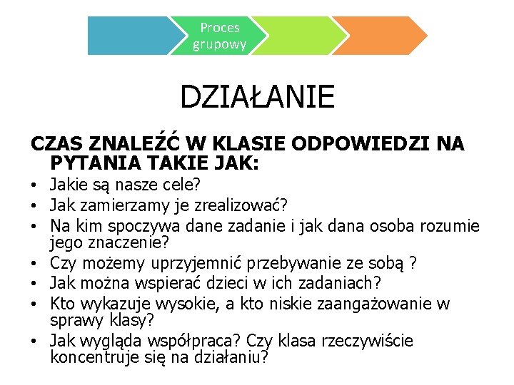 Proces grupowy DZIAŁANIE CZAS ZNALEŹĆ W KLASIE ODPOWIEDZI NA PYTANIA TAKIE JAK: • Jakie