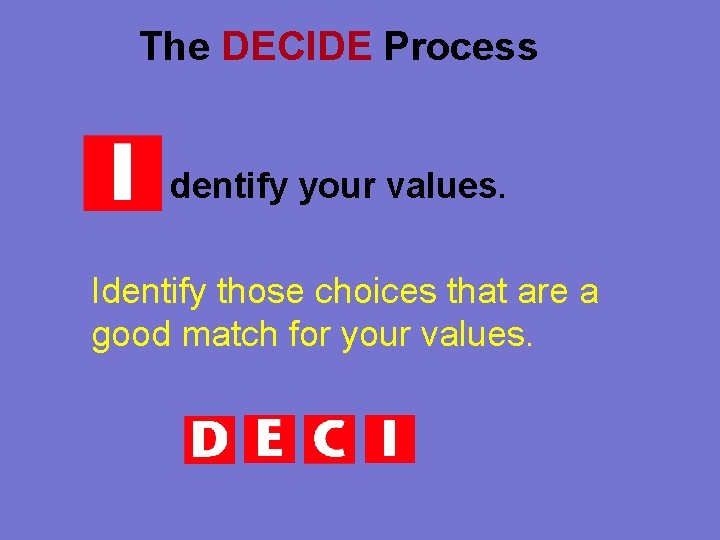 The DECIDE Process dentify your values. Identify those choices that are a good match