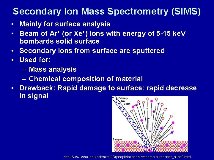 Secondary Ion Mass Spectrometry (SIMS) • Mainly for surface analysis • Beam of Ar+