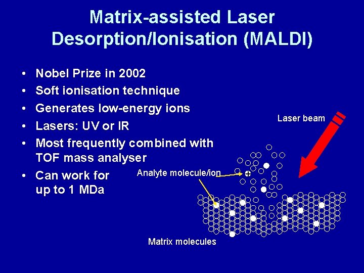 Matrix-assisted Laser Desorption/Ionisation (MALDI) • • • Nobel Prize in 2002 Soft ionisation technique