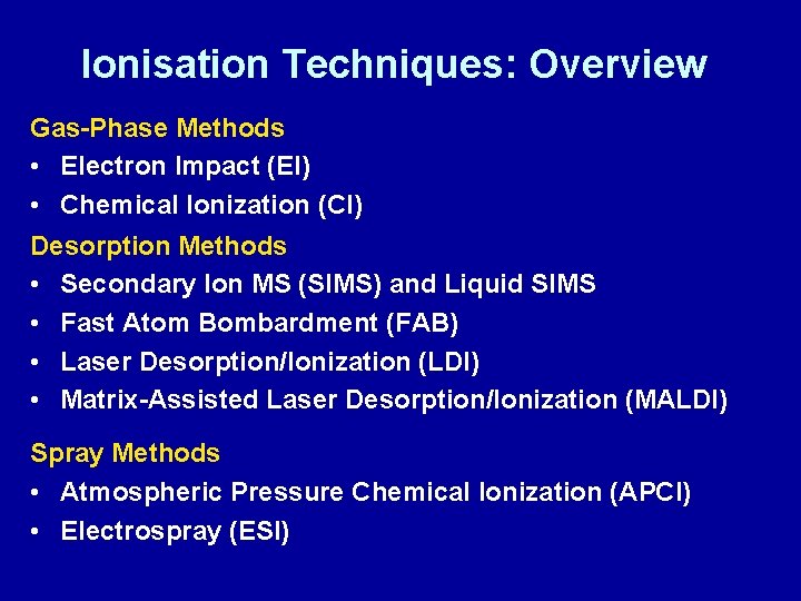 Ionisation Techniques: Overview Gas-Phase Methods • Electron Impact (EI) • Chemical Ionization (CI) Desorption