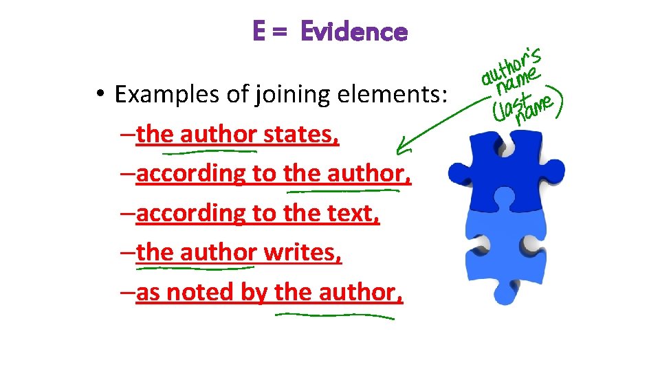 E = Evidence • Examples of joining elements: –the author states, –according to the