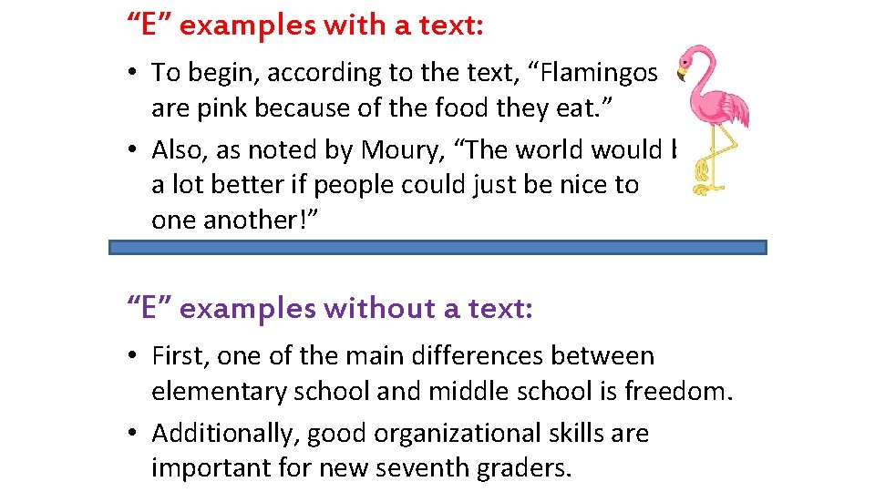 “E” examples with a text: • To begin, according to the text, “Flamingos are