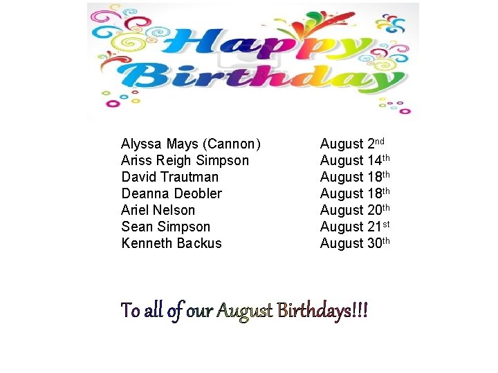 Alyssa Mays (Cannon) Ariss Reigh Simpson David Trautman Deanna Deobler Ariel Nelson Sean Simpson