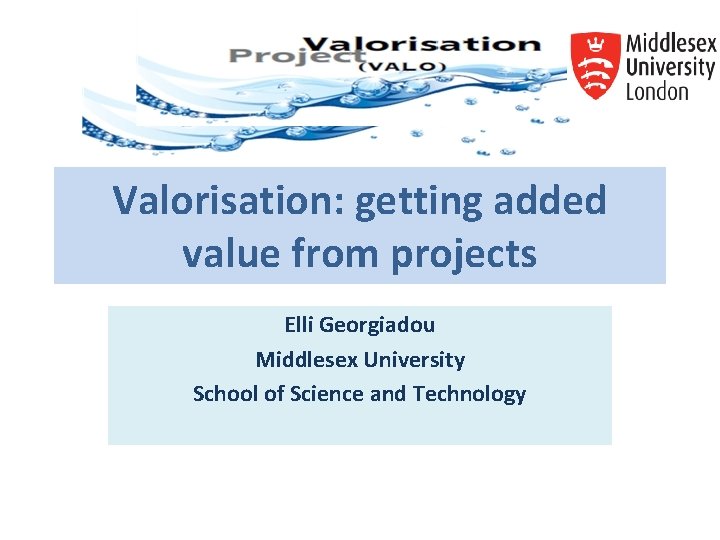 Valorisation: getting added value from projects Elli Georgiadou Middlesex University School of Science and Valorisation: getting added value from projects Elli Georgiadou Middlesex University School of Science and