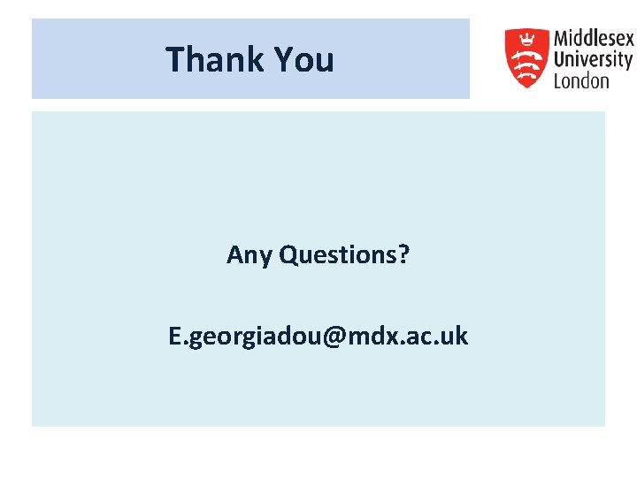 Thank You Any Questions? E. georgiadou@mdx. ac. uk Thank You Any Questions? E. georgiadou@mdx. ac. uk